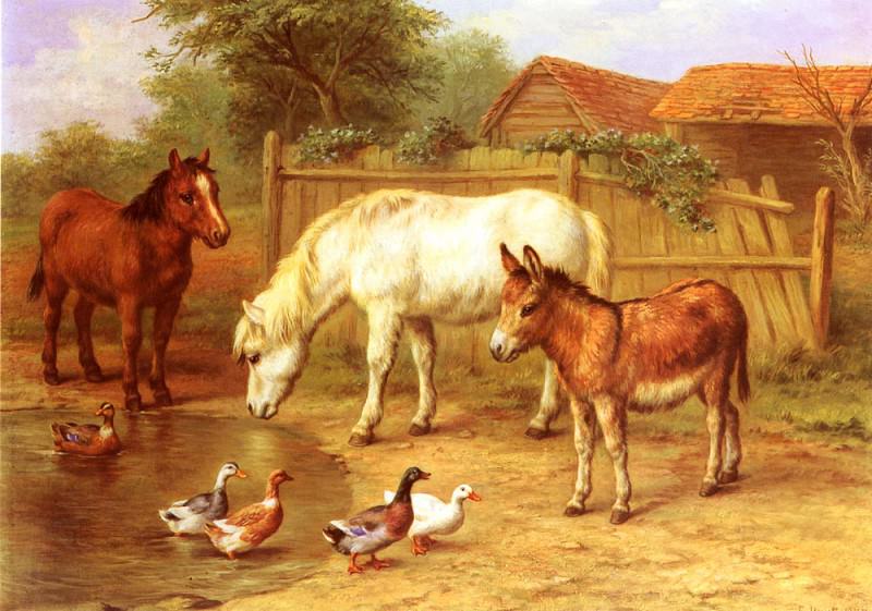 Ponies, Donky and Ducks In A Farmyard. Edgar Hunt