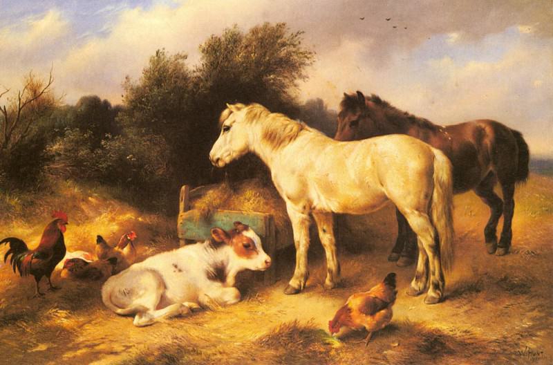 Hunt Walter Ponies A Calf And Poultry In A Farmyard. Уолтер Хант