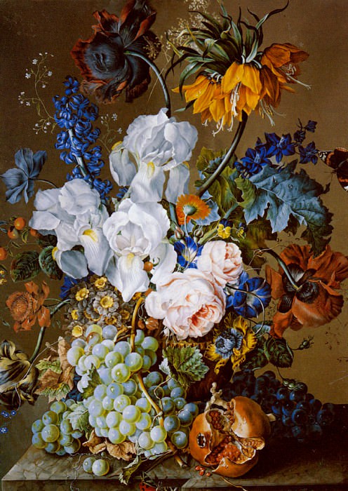 Hartinger Anton An Elaborate Floral Still Life With A Pomegranate Grapes And Butterflies. Anton Hartinger