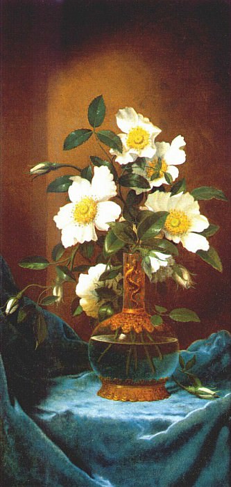 Белые розы чероки в вазе с саламандрой, 1883-1895. Мартин Джонсон Хед