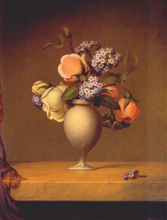 heade roses and heliotrope in vase on marble tabletop 1862. Martin Johnson Heade