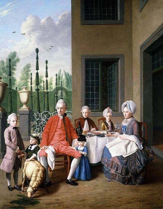 Group Portrait of the van den Bosch Family, dining by a House, a Topiary Garden Beyond. Jan Josef Horemans