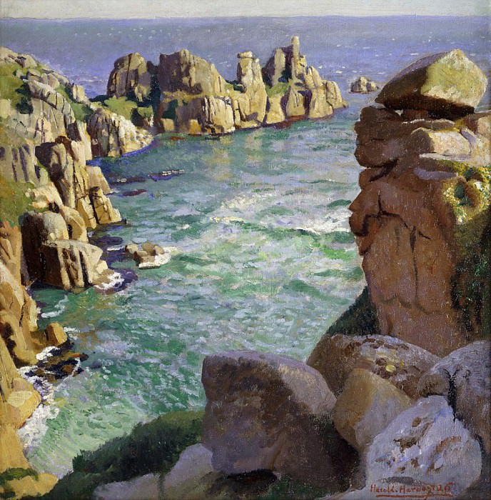 Logans Rock, Porthcurno Beach, Cornwall. Harold Harvey