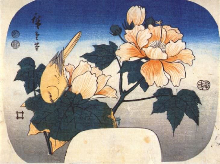hiroshige yellow bird and cotton rose 1852. Utagwa Hiroshige