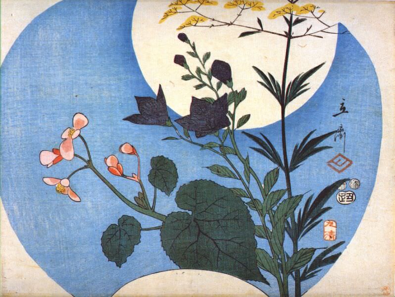 autumn flowers in front of full moon 1853. Utagwa Hiroshige