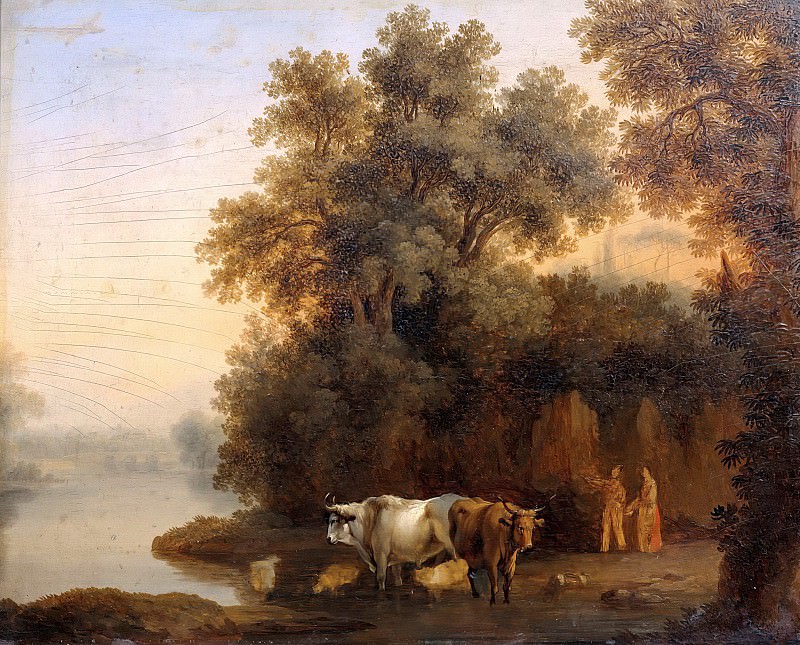 Riverside with cattle. Якоб Филипп Гаккерт