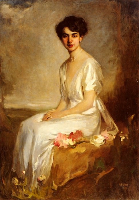 Halmi Arthur Lajos Portrait Of An Elegant Young Woman In A White Dress. Артур Лайош Хальми