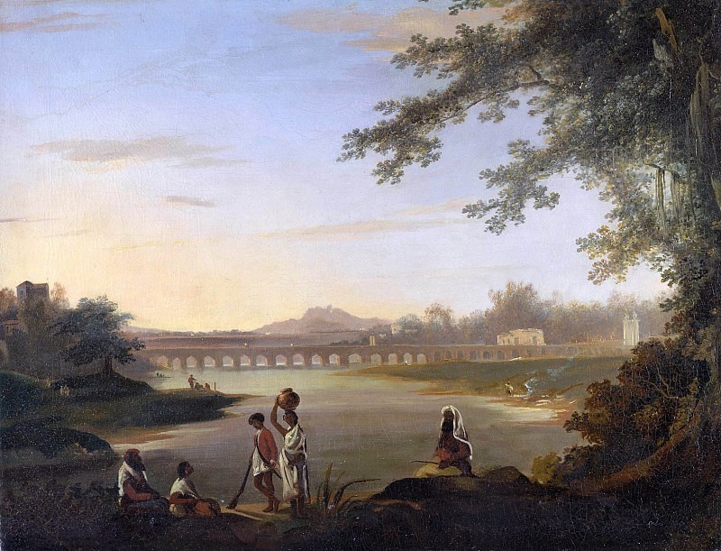 Мост Мармалонг с сипаем и туземцами на переднем плане. Уильям Ходжес