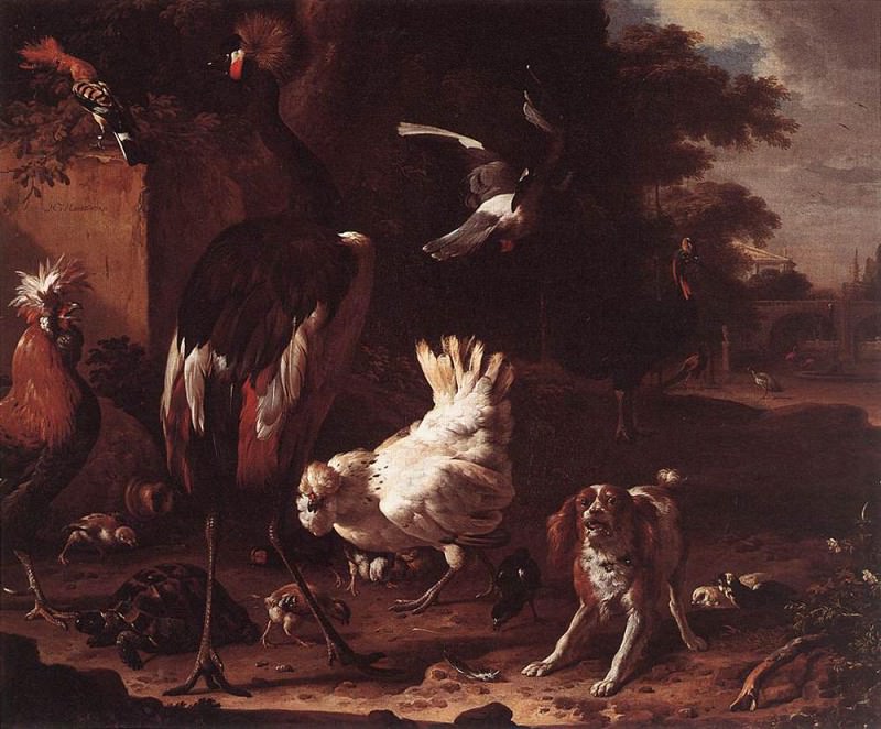 Birds And A Spaniel In A Garden. Melchior De Hondecoeter