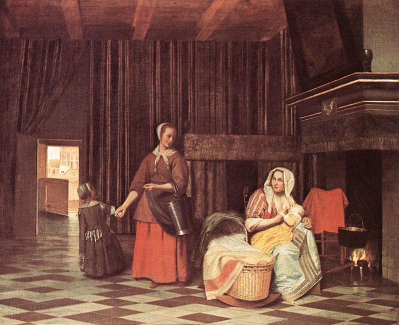 HOOCH Pieter de Suckling Mother and Maid. Pieter de Hooch