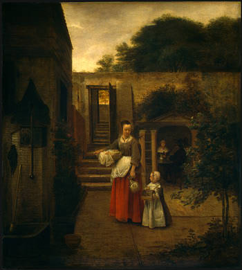 WOMAN AND CHILD IN A COURTYARD, 1658-1660. Pieter de Hooch