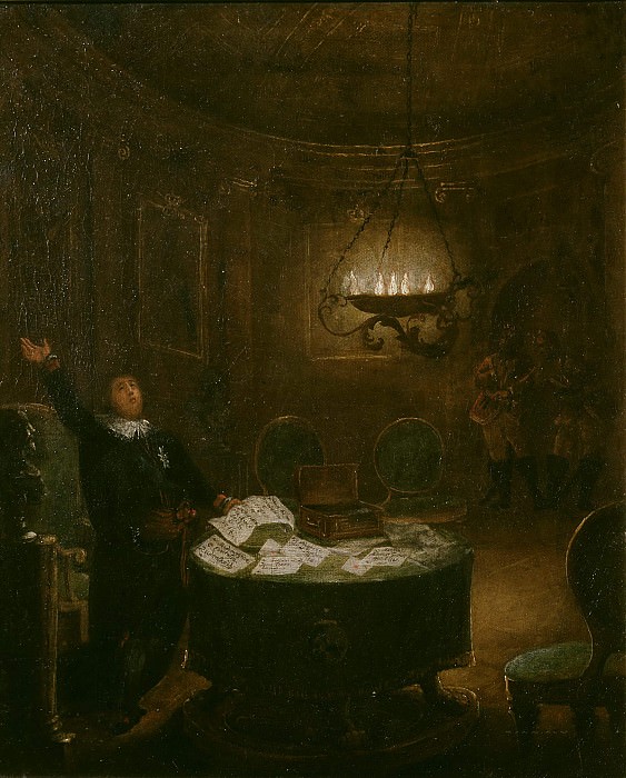 President Gustaf Adolf Reuterholm (1756-1813), opens the Armfeltska letters at Stockholm Castle in 1794. Pehr Hörberg