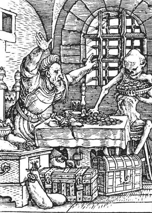Holbein Death and the Miser, from The Dance of Death, 1523. Hans The Younger Holbein