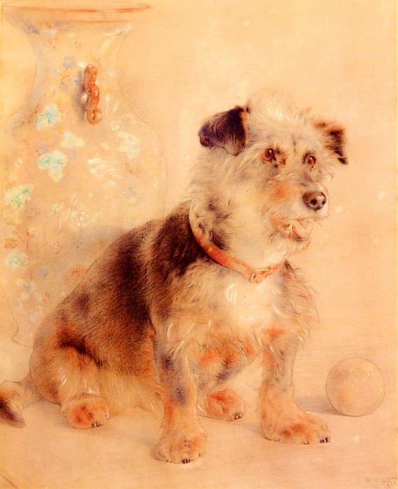 Huggins William Terrier Seated Before A Canton Famille Rose Vase. Уильям Джон Хаггинс