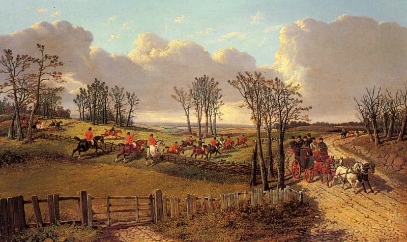 Сцена охоты и карета, запряженная четверкой лошадей, на бесплатной дороге. Джон Фредерик Херринг