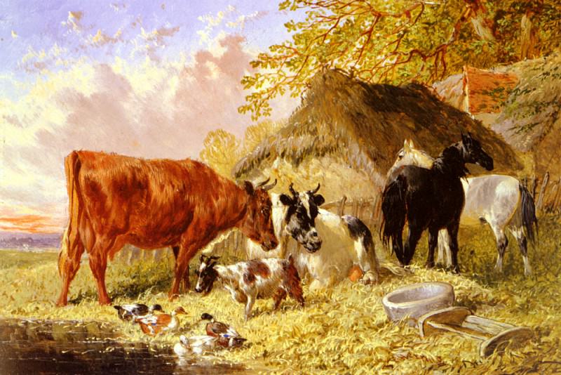 Лошади, коровы, утки и козел у дома на ферме. Джон Фредерик Херринг