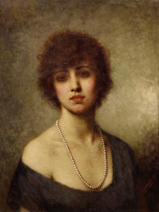 Portrait of a young lady wearing pearls. Alexei Alexeivich Harlamoff