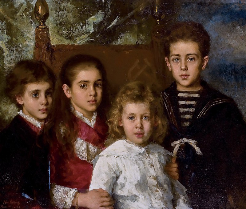 Portrait of four children from the second marriage of Paul Pavlovich Demidoff, 2nd Prince of San Donato (1839-1885), Avrora (1873-1904), Anatoli (1874-1943), Maria (1876-1955) and Pavel (1879-1909). Alexei Alexeivich Harlamoff