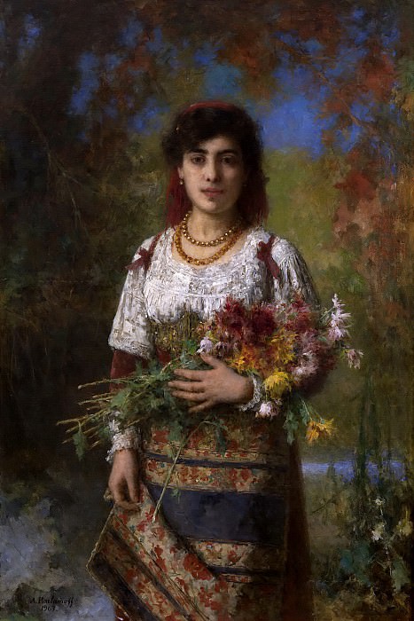 Gypsy girl with flowers. Alexei Alexeivich Harlamoff