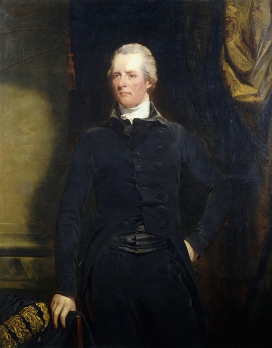 Portrait of William Pitt, standing three-quarter length in a Dark Jacket and Breeches. John Hoppner