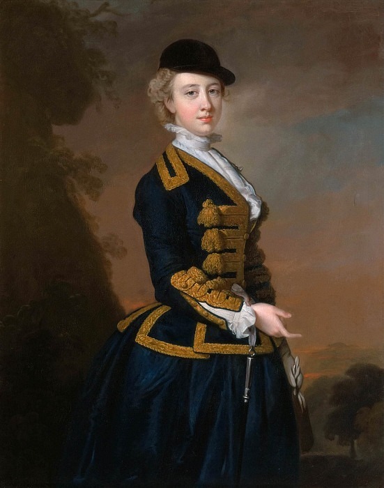 Portrait of Nancy Fortescue from Devon, Wearing a Dark Blue Riding Habit with Gold Frogging and Cap. Thomas Hudson