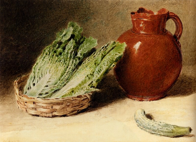 Hunt William Henry Still Life With A Jug A Cabbage In A Basket And A Gherkin. Уильям Генри Хант