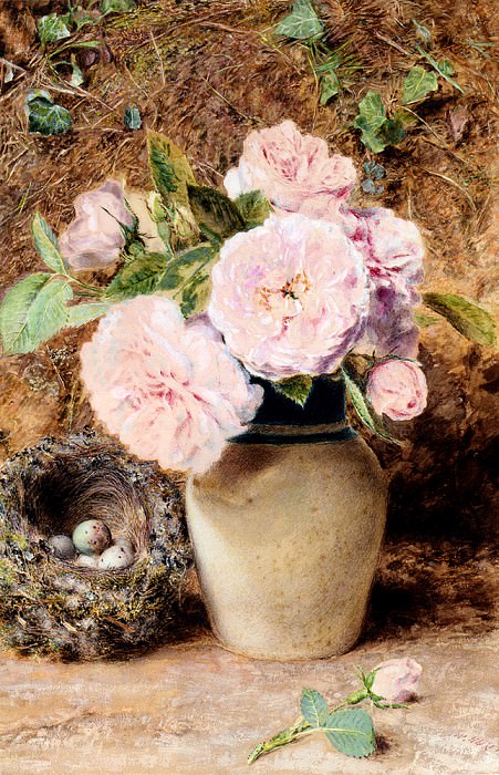 Hunt William Henry Still Life With roses In A vase And A Birds Nest. William Henry Hunt