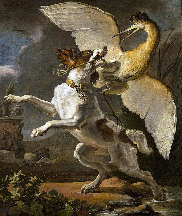 Dog fighting a heron. Abraham Hondius