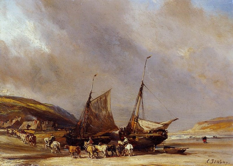 Isabey Riders on the Beach with Ship. Louis Gabriel Eugene Isabey