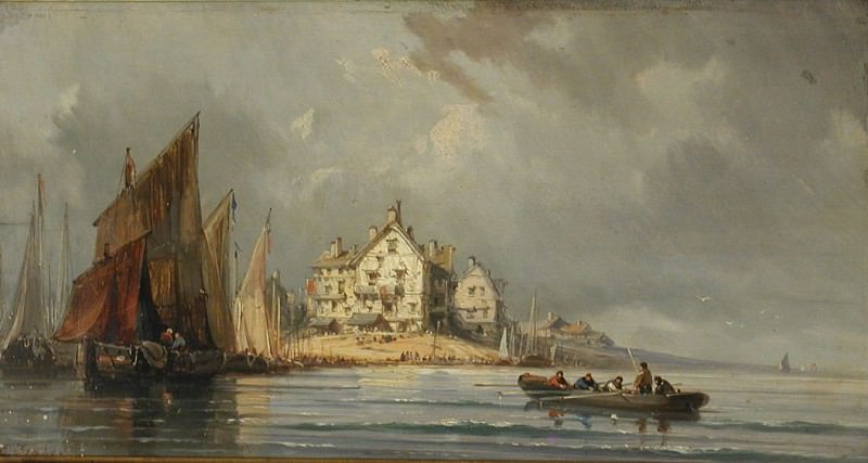 Isabey Coastal landscape with Boats and Constructions. Луи-Габриэль-Эжен Изабе