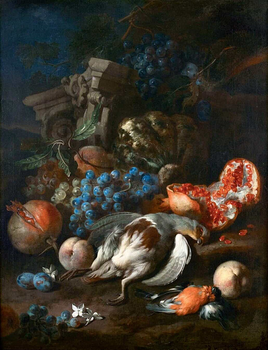 Piece of fruit with dead partridge and bullfinch; Früchtestück mit totem Rebhuhn und Gimpelmännchen. Franz Werner von Tamm