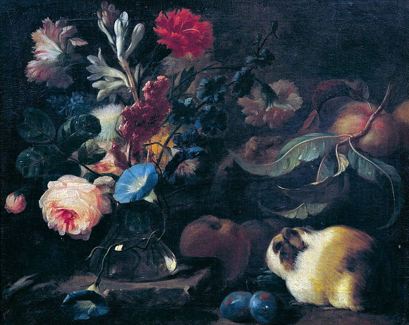 Still life with guinea pigs, flowers and fruit; Stillleben mit Meerschweinchen, Blumen und Früchten. Franz Werner von Tamm