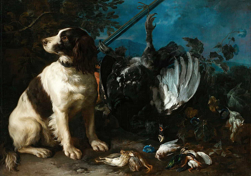 Still Life With Hunting Trophies And A Young Dog. Franz Werner von Tamm