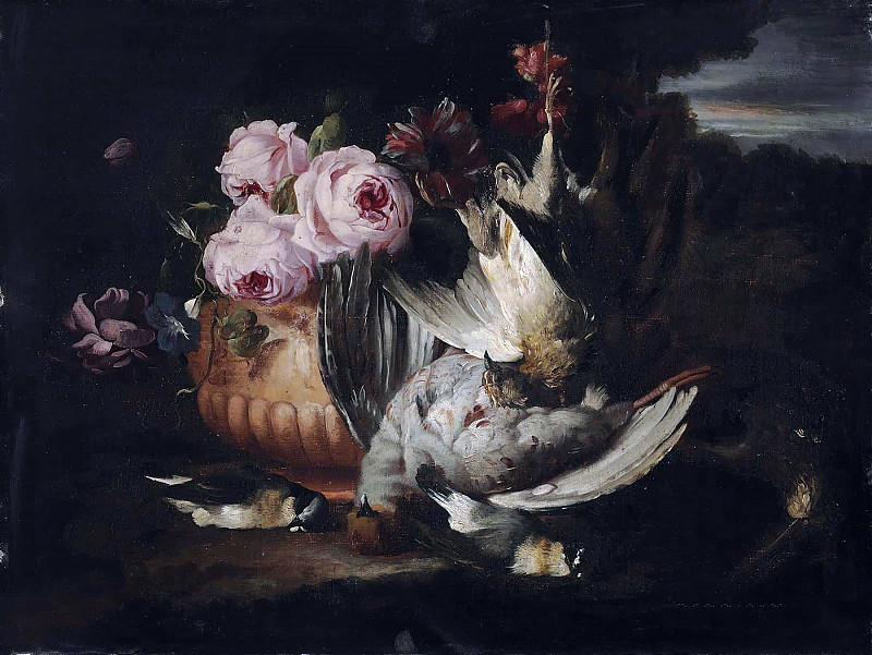 Flowers in a terracotta vase with dead game. Franz Werner von Tamm