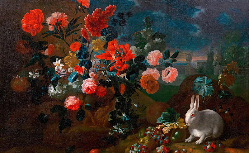 Floral still life with rabbit; Blumenstillleben mit Kaninchen. Franz Werner von Tamm
