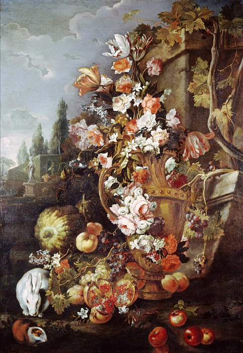 Still Life of Flowers and Fruits in a Garden. Franz Werner von Tamm