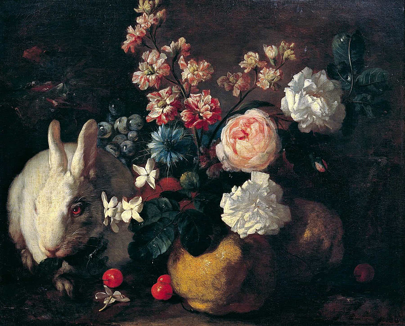Still life with rabbits, flowers and fruit; Stillleben mit Kaninchen, Blumen und Früchten. Franz Werner von Tamm
