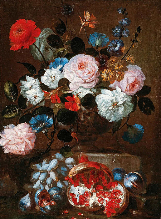 Flowers in a vase with grapes and a pomegranate. Franz Werner von Tamm