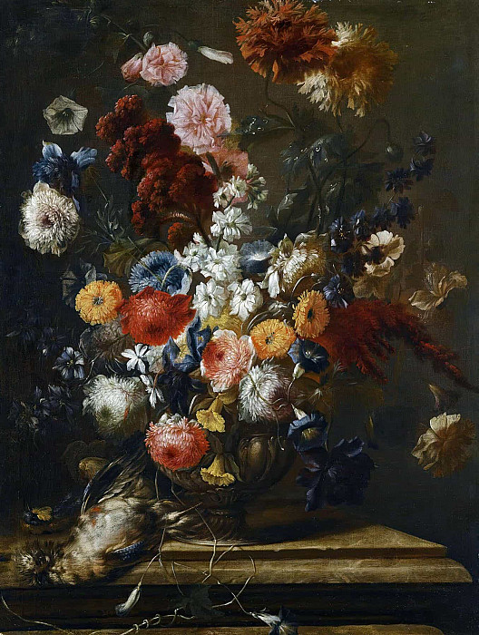 A Still Life Of Flowers In An Urn On A Marble Ledge With A Bird. Franz Werner von Tamm