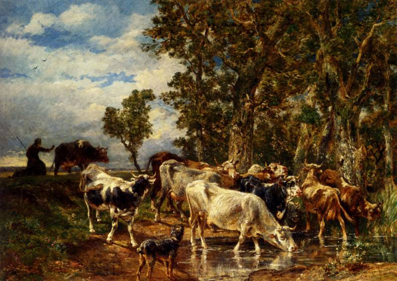 Troupeau De Vaches A L Abreuvoir. Charles Emile Jacque