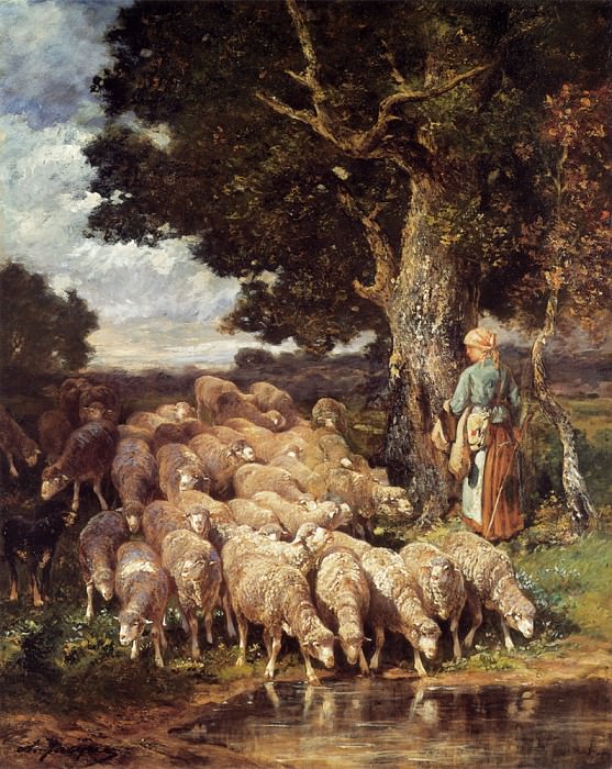 A Shepherdess with her Flock near a Stream. Charles Emile Jacque