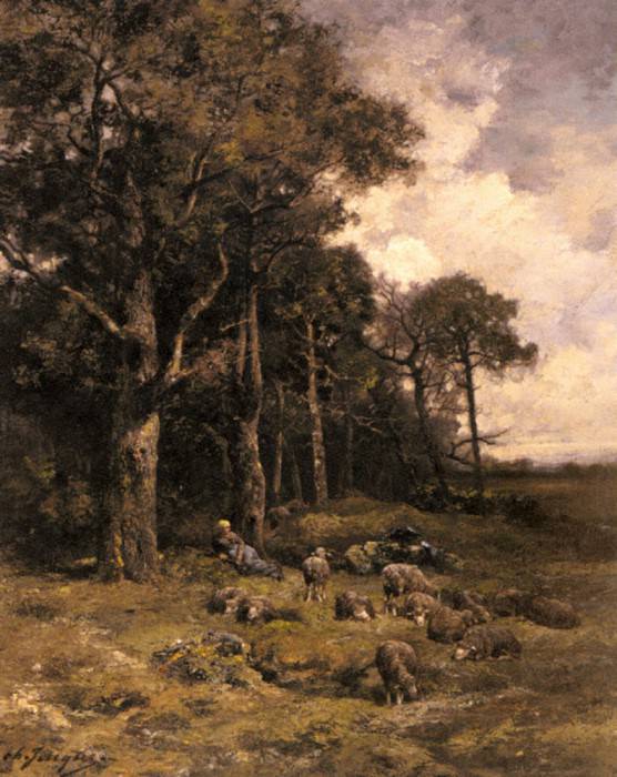 Shepherdess Resting With Her Flock. Charles Emile Jacque