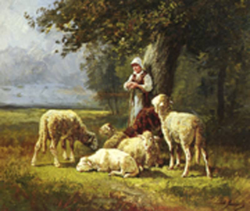 A Shepherdess With Her Flock In A Woodland Clearing O. Charles Emile Jacque