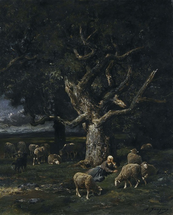 A Shepherdess and her Sheep. Charles Emile Jacque