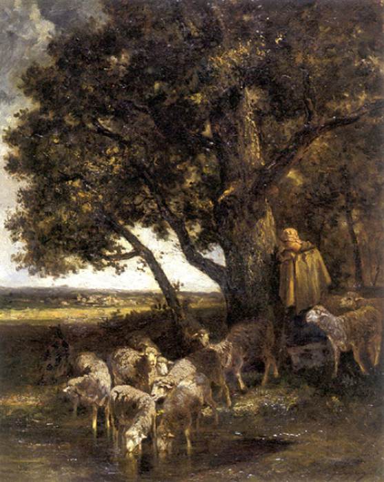 A Shepherdess with Her Flock by a Pool. Charles Emile Jacque