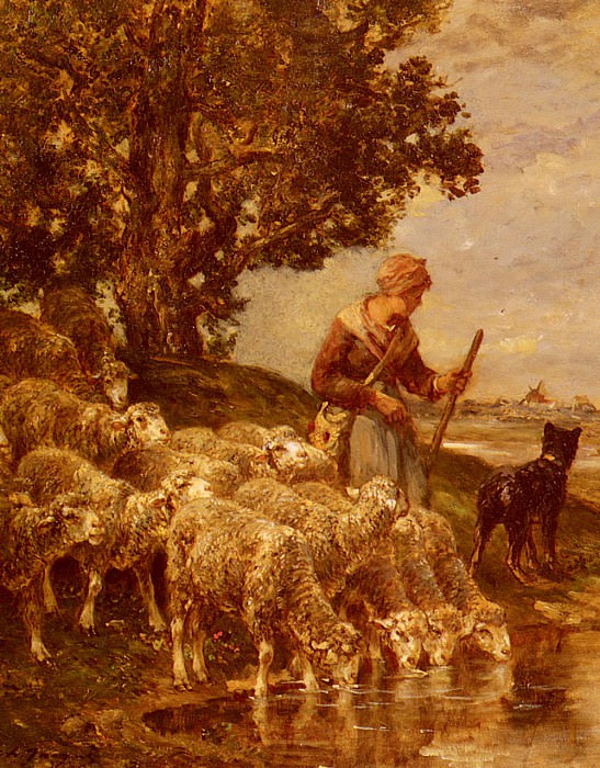 A Shepardess Watering Her Flock. Charles Emile Jacque