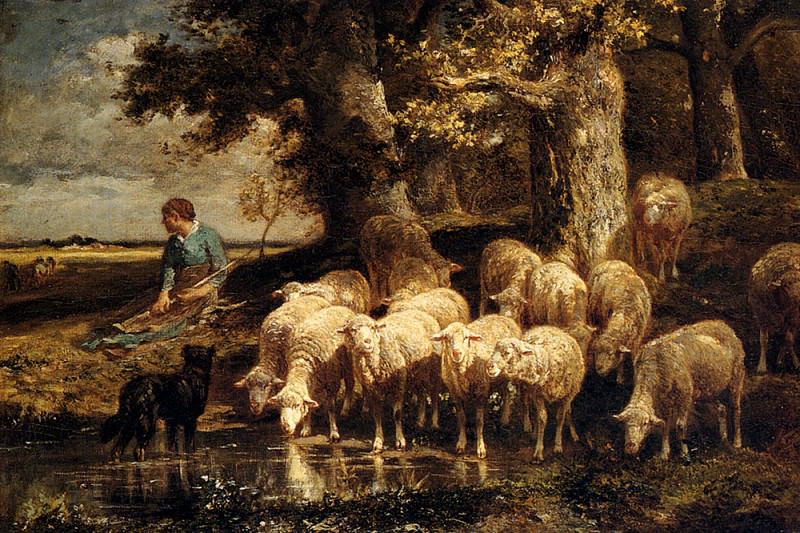 A Shepherdess With Her Flock. Charles Emile Jacque