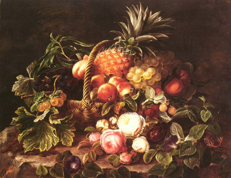 A Still Life Of A Basket Of Fruit And Roses SND 1842. Johan Laurentz Jensen