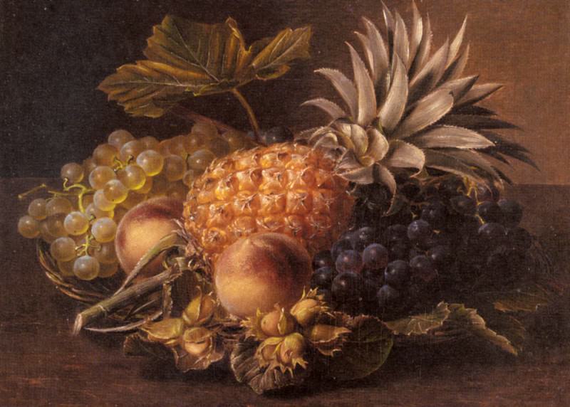 Grapes a Pineapple Peaches and Hazelnuts In A Basket. Johan Laurentz Jensen