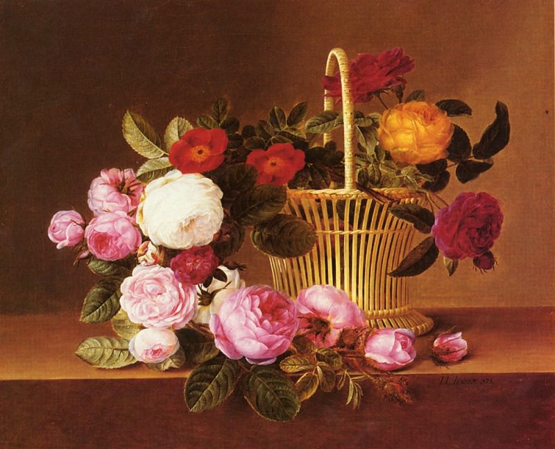 A Basket Of Roses On A Ledge SND 1825 O C 35.6 by 43.. Johan Laurentz Jensen